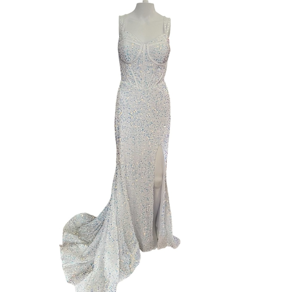 The Wedding Dress NWOT White Iridescent Sequin Soft Corset Prom Dress Sz. 10